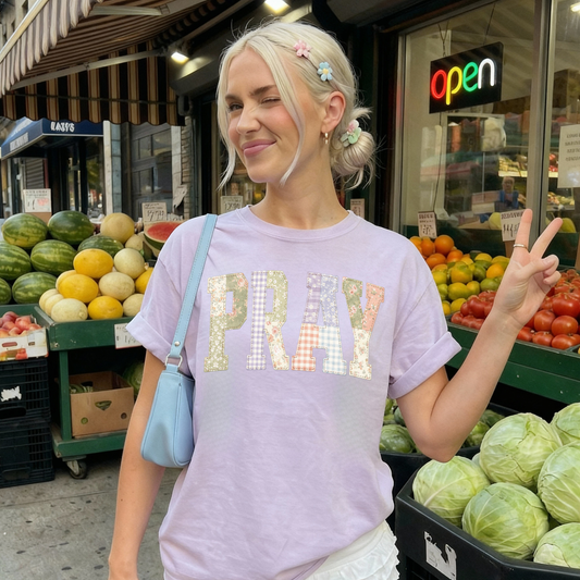 PRAY Faux Patchwork Graphic Tee