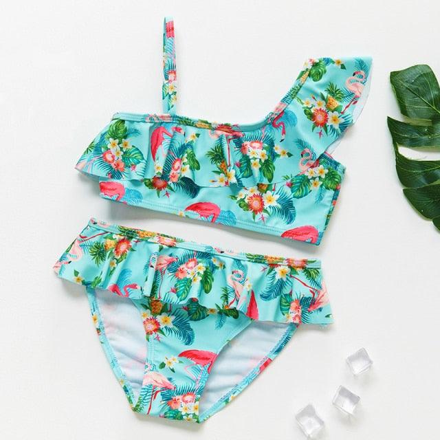 3-16Y Cartoon Two-piece Girls Swimwear Ruffle Swimsuit Bikini Set One Shoulder Beachwear Princess Two Piece