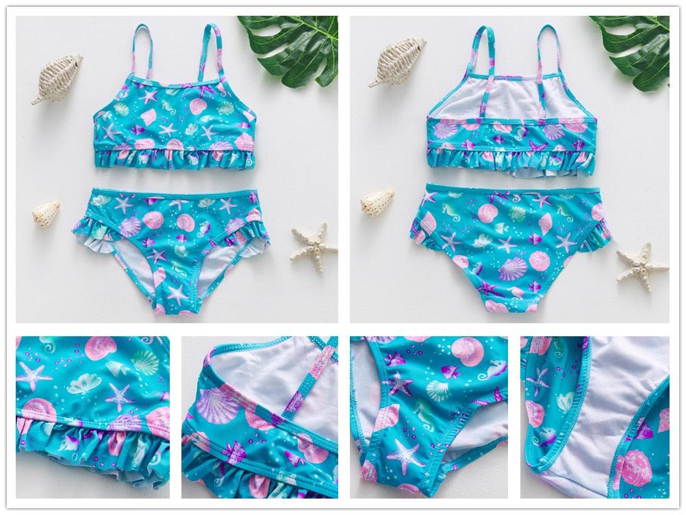 3-16Y Cartoon Two-piece Girls Swimwear Ruffle Swimsuit Bikini Set One Shoulder Beachwear Princess Two Piece