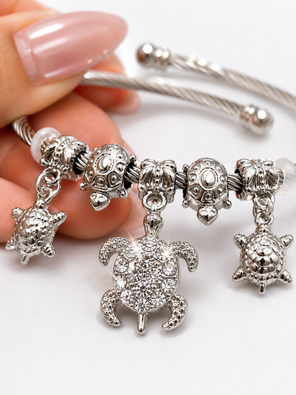 Stainless Steel Sea Turtle Charm Cuff Bracelet – Crystal Coastal Bangle