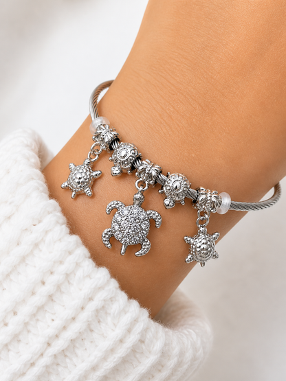Stainless Steel Sea Turtle Charm Cuff Bracelet – Crystal Coastal Bangle