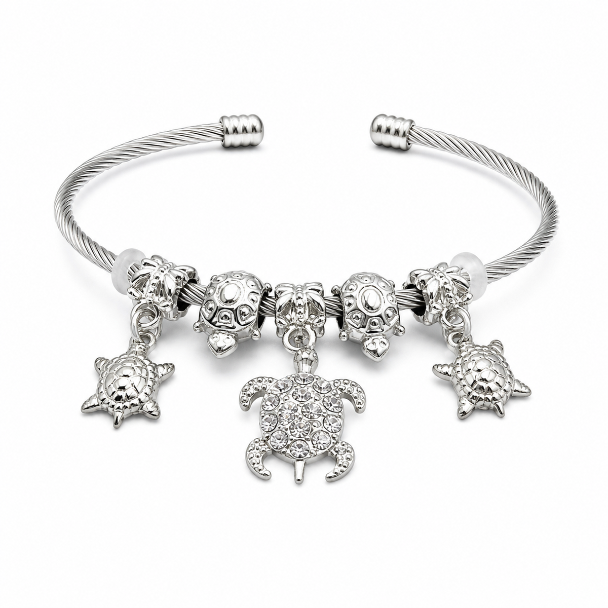 Stainless Steel Sea Turtle Charm Cuff Bracelet – Crystal Coastal Bangle