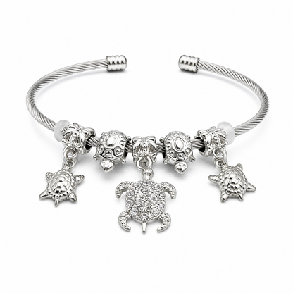 Stainless Steel Sea Turtle Charm Cuff Bracelet – Crystal Coastal Bangle