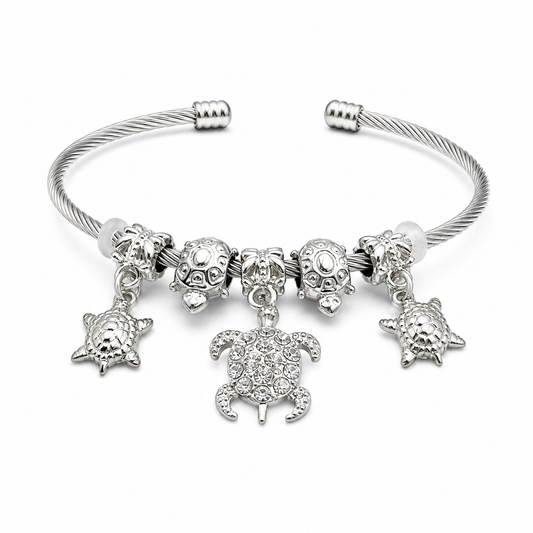 Stainless Steel Sea Turtle Charm Cuff Bracelet – Crystal Coastal Bangle