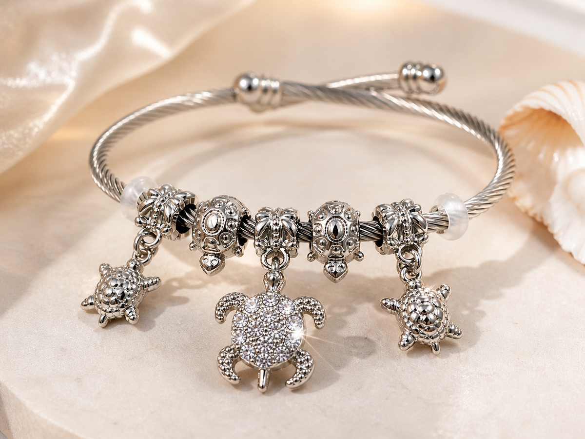 Stainless Steel Sea Turtle Charm Cuff Bracelet – Crystal Coastal Bangle
