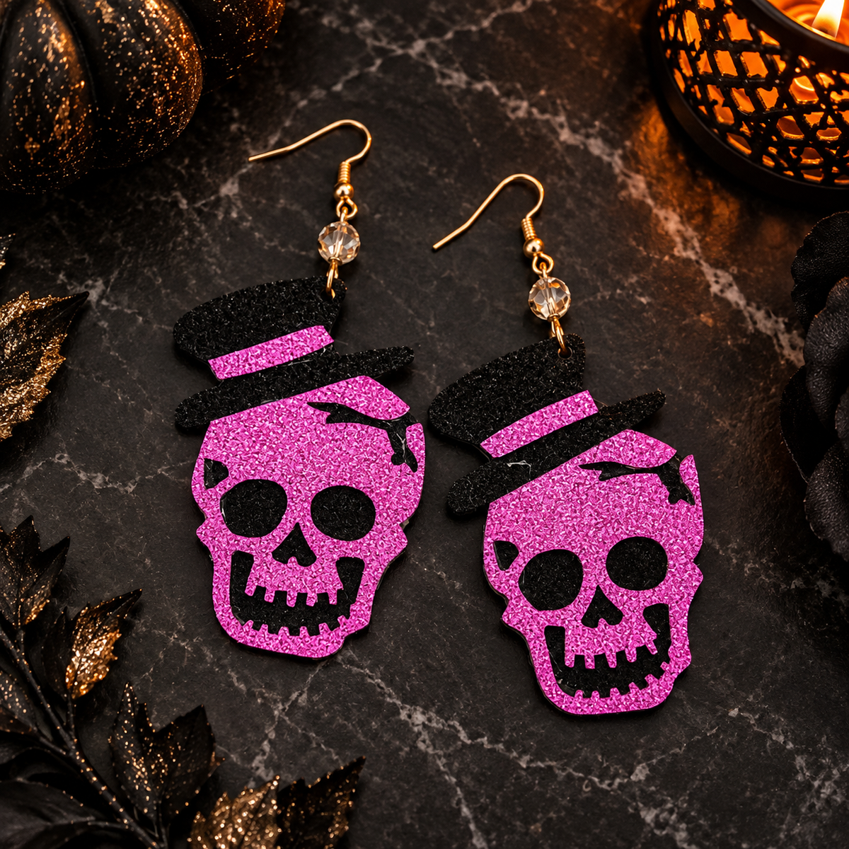 Purple Poison Glitter Skull Drop Earrings