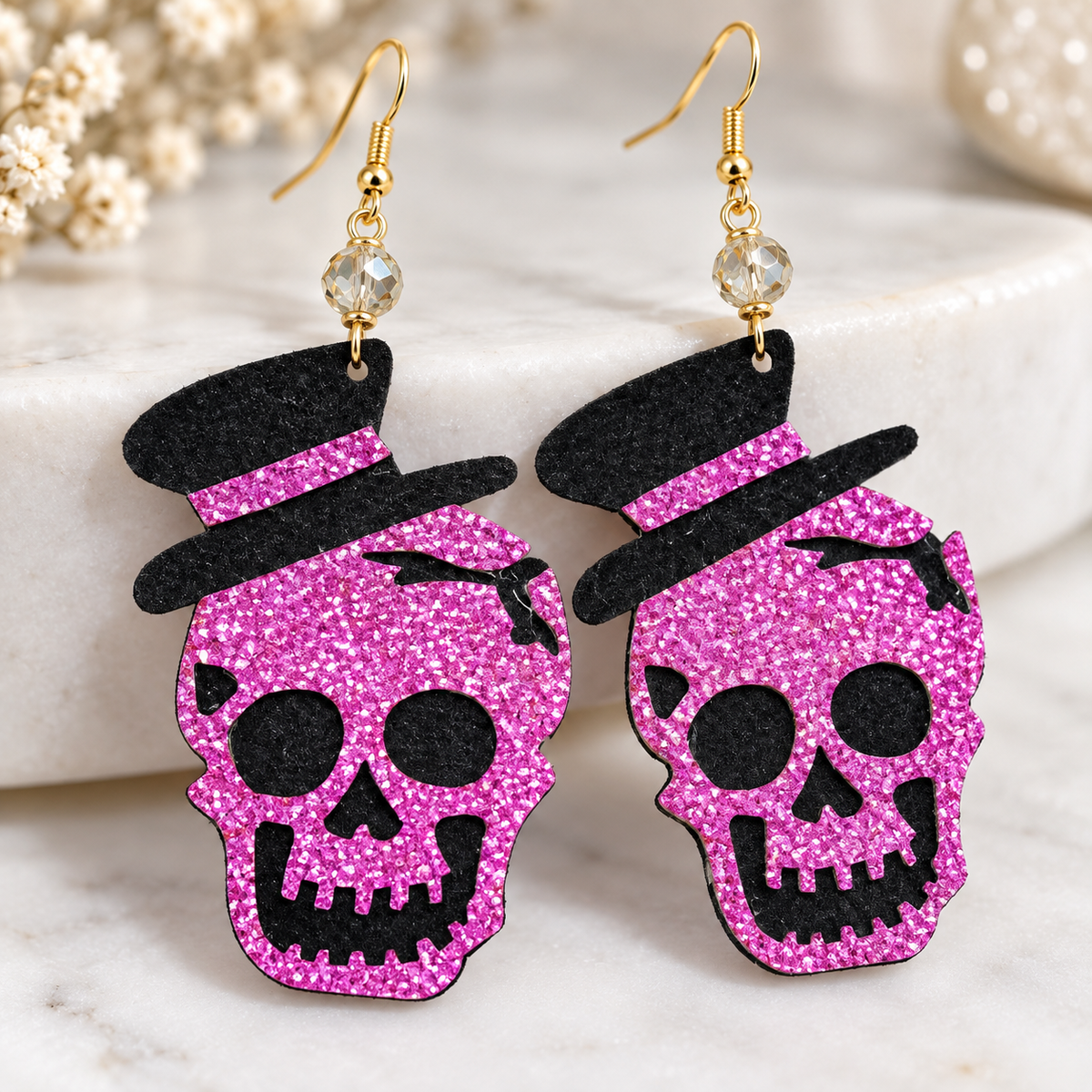 Purple Poison Glitter Skull Drop Earrings