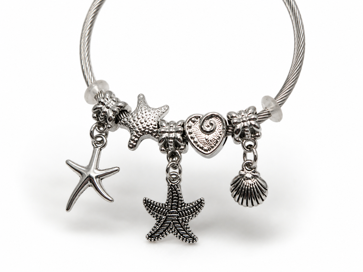 Ocean Charm Cuff Bracelet – Stainless Steel Coastal Stack