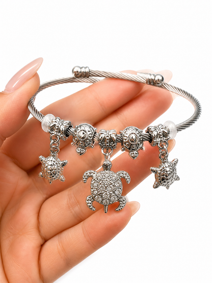 Stainless Steel Sea Turtle Charm Cuff Bracelet – Crystal Coastal Bangle