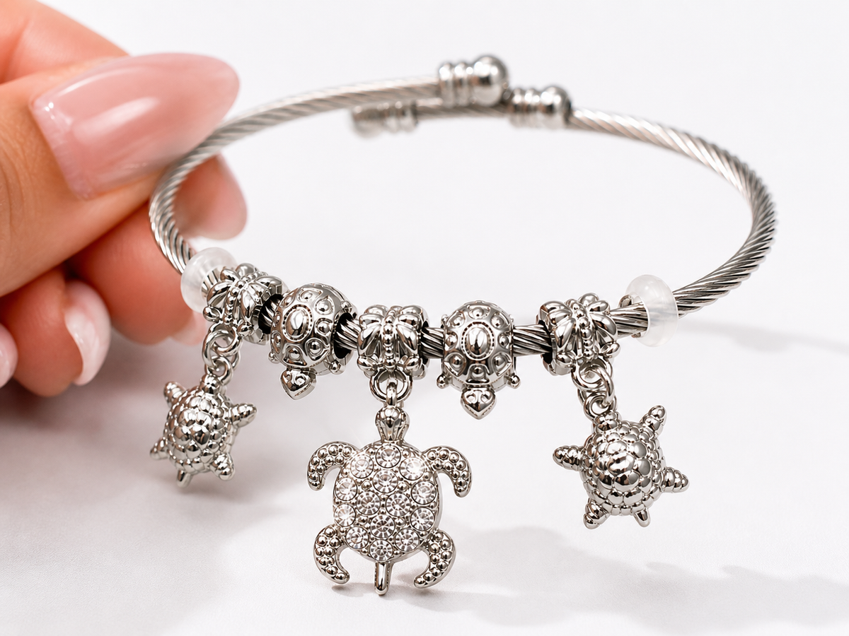 Stainless Steel Sea Turtle Charm Cuff Bracelet – Crystal Coastal Bangle