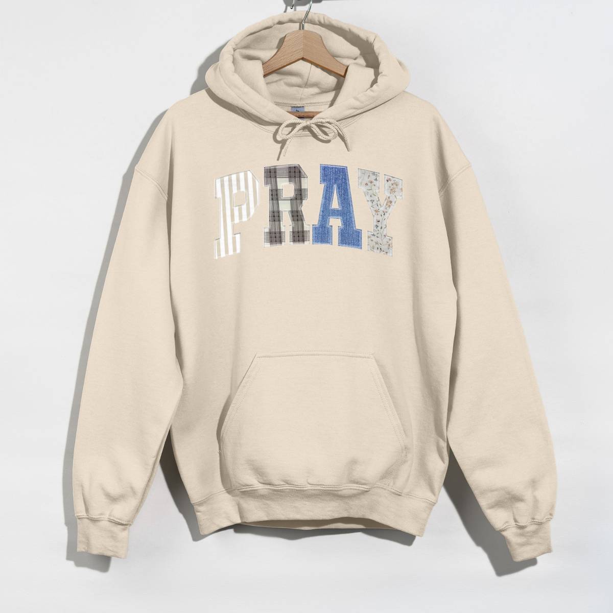 PRAY Patchwork Hoodie – Faith-Inspired Cozy Sweatshirt